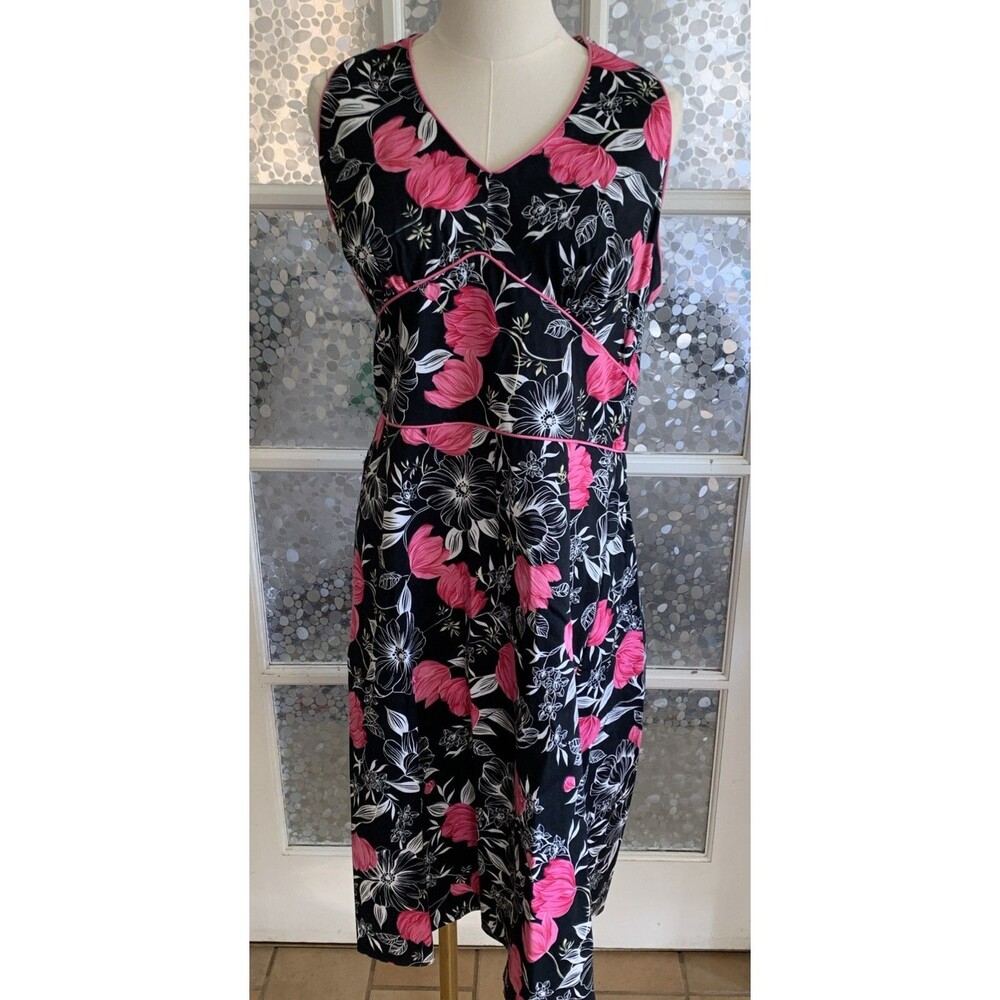 Sag Harbor Dress Hawaiian Bold Tropical Print Sz 12 Cotton Stretch Black Pink